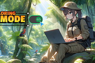 An anime girl sitting with a laptop in the middle of a jungle.