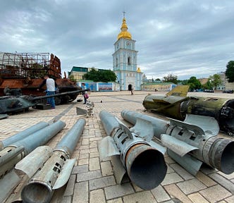 Russian weapons captured by Ukrainian forces seen in front of St. Michael’s Monastery in Kyiv, Ukraine, May 31, 2022. Photo by Ulf Mauder/Picture-Alliance/DPA/AP