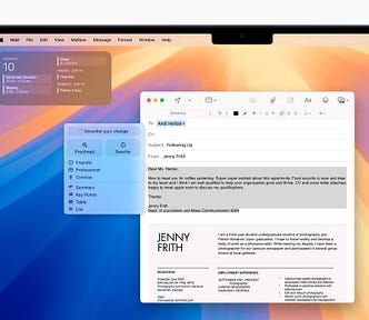 A user opens the Writing Tools menu while working on an email, and is given the option to select Proofread or Rewrite.
