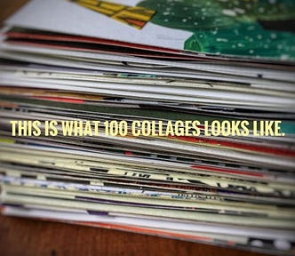 View from the side of a stack of 100 small square analog collages, with the caption “This is what 100 collages looks like.”