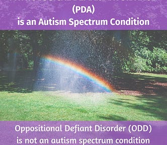 rainbow with text PDA is autism spectrum condition ODD is not
