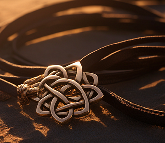 A close-up image of a Celtic knot pendant lying on sandy ground bathed in warm, golden sunlight, with the leather necklace strands casually draped around it.