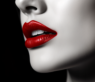 Close-up of a woman’s red lips and chin against a black background, with subtle lighting highlighting the skin’s texture.