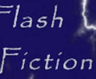 The words “Flash Fiction” on a dark blue background with a lightning bolt down the right side.