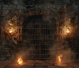 A smoky, flaming dungeon gate