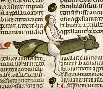 A Medieval illustration of a woman riding on a phallic creature