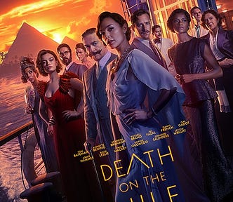 Film poster for the 2022 film Death on the Nile featuring a group of well-dressed people on a boat with pyramids in the background.