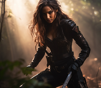 A long haired woman in a leather outfit, holding a weapon