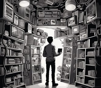 A black and white illustration with a cyberpunk feel of a standing figure, facing away towards the exterior exit of a small room closely packed with various devices and equipment.