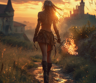 A woman with long legs and a flaming sword, walking away