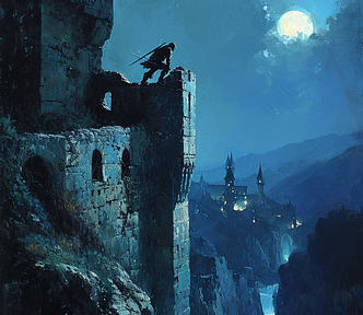 A figure looks down from a partially ruined castle by moonlight.