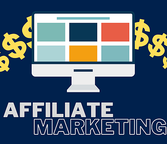 Dollar signs cascading from both sides of a Desktop with coloured blocks on the screen and Affiliate Marketing in white text written at the bottom of the image.