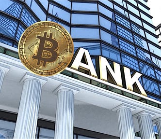 Building, with sign saying bank, with the bitcoin symbol for the B