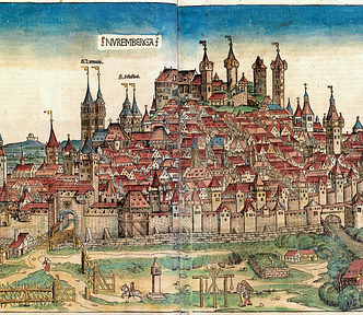 Woodcut colored image of Nuremberg by Michel Wolgemut, Wilhelm Pleydenwurff (Text: Hartmann Schedel), Public domain, via Wikimedia Commons