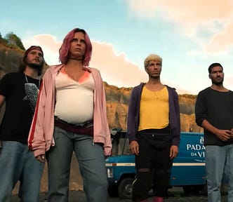 Characters from Netflix hit series Turn of the Tide stand with a blue van on the background in a coastal area near Rabo de Peixe in the Island of São Miguel, Azores.
