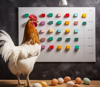 a chicken looking at sticky notes on a whiteboard, surrounded by a handful of eggs