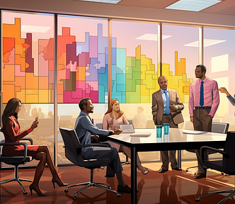 a modern workplace meeting room. It is filled with lawyers, paralegals, and tech folks. In the foreground, a black executive woman stands, five working professionals, multi-age, multi-ethnic, men and women. There are boards with colored post-its in the room of multiple work cubicles. The atmosphere is reflective and optimistic