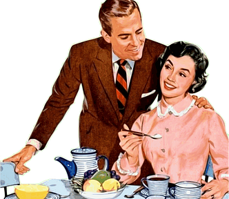 An illustration is commonly seen in the ’50s of a young couple with a man dressed in a business suit leaning over to give his wife to give her a peck on the cheek. She’s sitting and wearing a crisply ironed dress ready to enjoy  a cup of coffee.