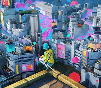 Digital art shows a cyber city, reflecting on how amazing the asynchronous programming techniques in Python are.
