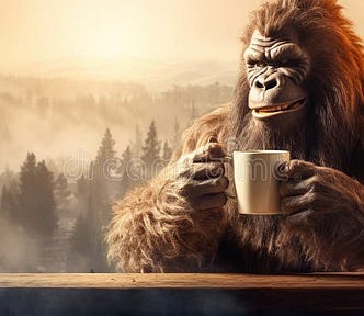 Bigfoot seeking solace with a frothy drink amidst a crowd of tech bros and intrusive clickbait, finding peace in the chaos, starbucks