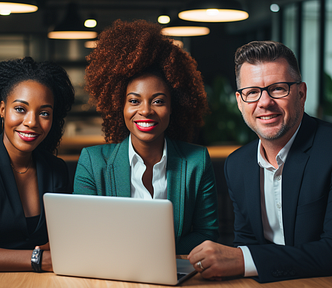 Three happy knowledge workers gathered around a laptop, smiling at the camera person as imagined by Midjourney. AI image.