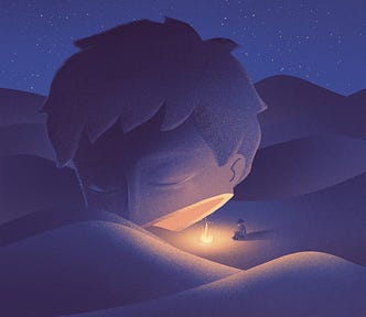 An abstract illustration of a vast, dreamy desert landscape under a starry night sky. A small figure sits by a campfire, dwarfed by the large silhouette of a serene face blending into the sand dunes, creating a surreal and contemplative atmosphere.