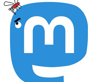 A cartoon mosquito biting the Mastodon logo animal, with the animal’s eye looking up angrily.
