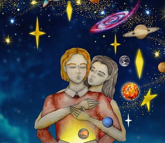 A young loving couple surrounded by stars and planets, representing Hope, Dreams, and Love.