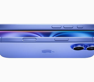 iPhone 16 and iPhone 16 Plus in ultramarine are shown stacked.