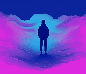 An abstract image of a person standing in a mist of uncertainty with a blue path surrounded by red clouds.
