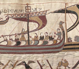 Bayeux tapestry showing Normans sailing to England