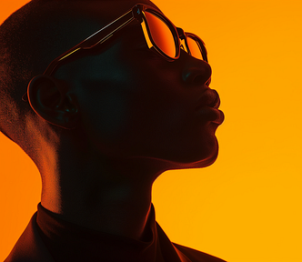 Medium shot of the silhouette of a black male model with reflective sunglasses in front of an orange background.