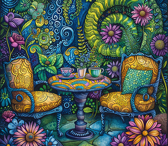 Garden tea party Zentangle with elegant Indy-Rella spirals; tables set among floral splendor; blend of bold for furniture and fine lines for teacups. COLORS: a gradient of colors from yellow green blue — v 6.0