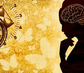 Image of an analog alarm clock with roman numerals on the left, with an hourglass with numbers surrounding it, and a silhouette of a woman holding her hand to her chin, brain highlighted inside her head. Both are in front of a golden background with yellow butterflies flying around.