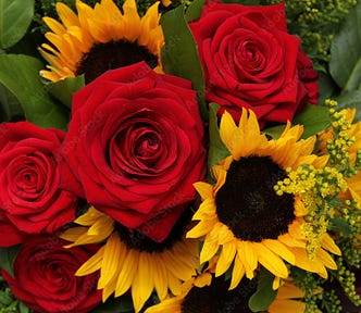A close-up image of a bouquet of red roses and bright yellow sunflowers, surrounded by lush green leaves and small yellow flowers.