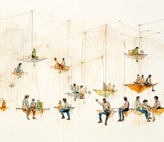 A decorative image of people sitting on swings hanging from a web of interconnected strings.