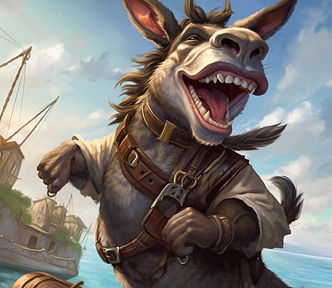 An anthropomorphic donkey on ship, in the style of edgy caricatures