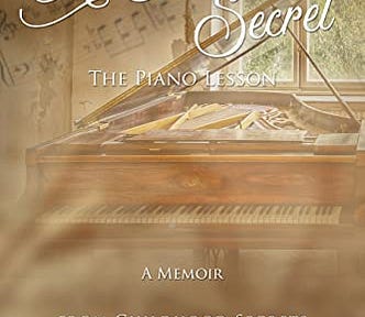 Book cover — In front of a sunlight window, a mahogany baby grand a toothy grin and lifted lid invites readers to pull up a bench and a play a while. Sheet music wall paper, tattered and torn, belies the piano’s attempt at happiness. So does its wood grain eyes.