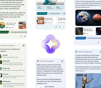 A purple star-shaped icon is surrounded by mobile screens of generative AI search results of different pastel colors.
