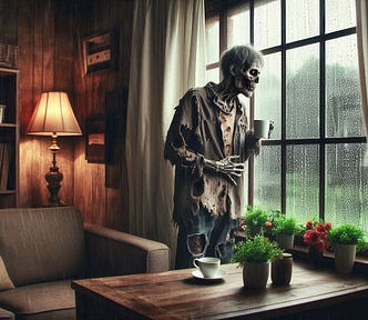 Dark atmospheric horror scene with zombie in tattered suit standing by rain-streaked window in cozy wood-paneled room. Interior features brass table lamp, brown couch, bookshelf, and potted plants on windowsill. Moody lighting contrasts warm interior with gray rainy day outside, creating eerie juxtaposition between domestic comfort and undead horror. Digital art in cinematic style.