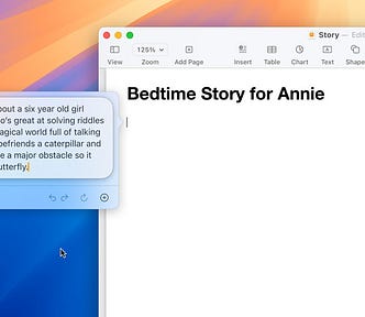 Using the Compose tool in Pages, a user enters a prompt about writing a bedtime story about a 6-year-old named Annie who’s great at solving riddles.