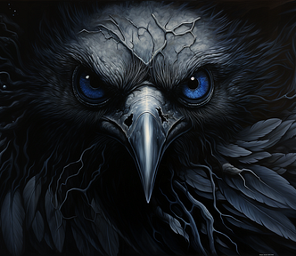 A raven with bright blue eyes is in the center. On the sides, there are circular designs with stars inside. The black background pattern blends with the bird’s feathers. The whole image has a dark and mysterious feel.