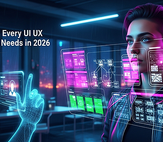 Person interacting with futuristic holographic UI in a moody, neon-lit office. Text: “8 AI Tools Every UI UX Designer Needs in 2026.”