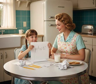 Mother and daughter playing a game at a kitchen table in the 1950s