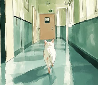 A white cat walks down the hall of a hospital