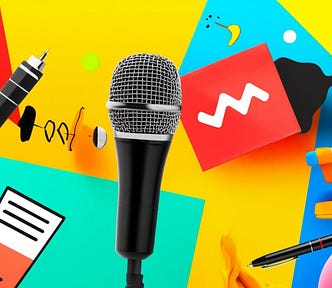 freelance tools intertwined with symbols of creativity like microphones, pens, and marketing graphics, against a dynamic, multi-panel background