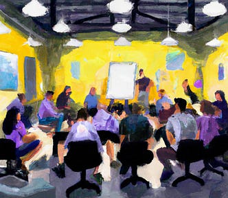 Oil painting of people seated around a conference table in a workroom, with a speaker standing next to an easel notepad