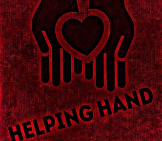 An outline of two hands with a heart symbol between them and Helping Hand written under them. All on a reddish background with black shading.