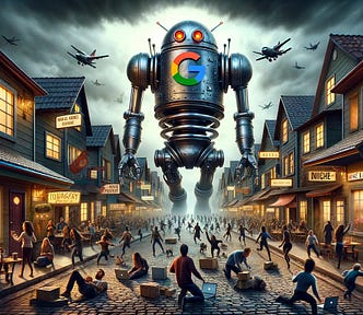 A giant robot Google attacking bloggers