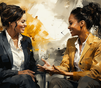 two black, dark-skinned, natural hair, businesswomen in happy conversation. Open hands. face each other; away from the camera